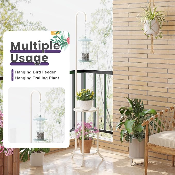 2-Tier Metal Plant Stand with Hanging Hook, Indoor Outdoor Plant Shelf,Heavy Duty Plant holder Rustproof Iron Multiple Plant Round Supports Rack for Planter Corner Garden Balcony Patio (Cream) Rootora