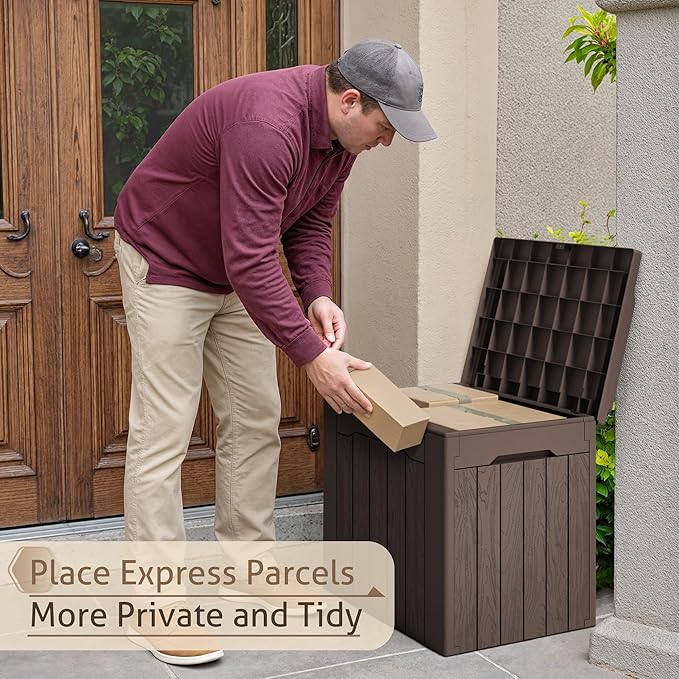 Flamaker 2 Pack Deck Box 31 Gallon Waterproof Resin Storage Box with Lid Indoor Outdoor Delivery Box Storage Bin for Patio Cushions (Deep Brown) Flamaker