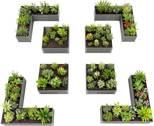 A ANLEOLIFE Set of 8,18 Inch Tall Quartz Grey Raised Garden Beds Kit, L-Shaped & Square Metal Planters –Ideal for Structured Backyard Layouts. AAnleolife