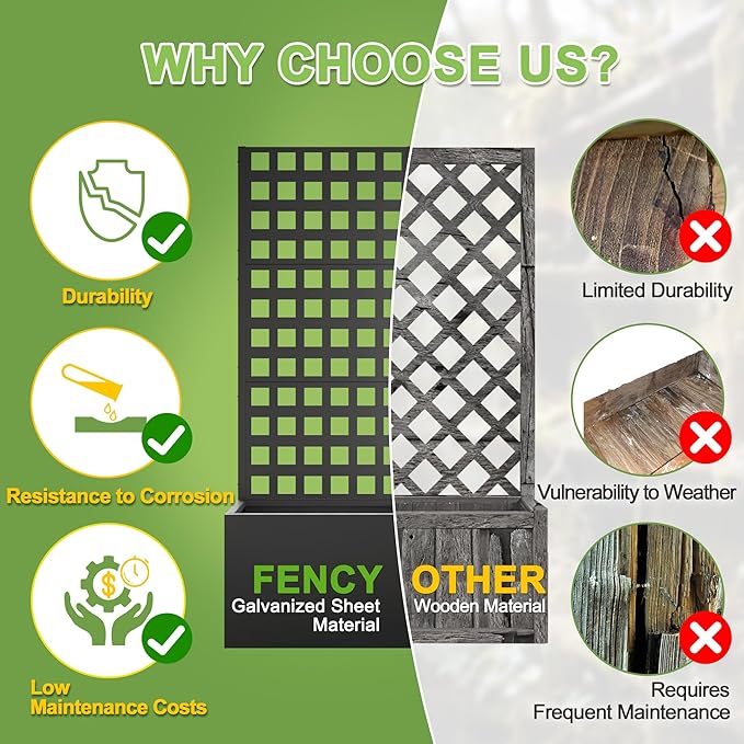 FENCY Metal Planter Box with Trellis, Planter Trellis for Climbing Plants Vegetable Vines, Trellis with Planter Box & Privacy Screen, Raised Garden Bed with Drainage Holes (23.6" L x 63" H/Lattice) FENCY