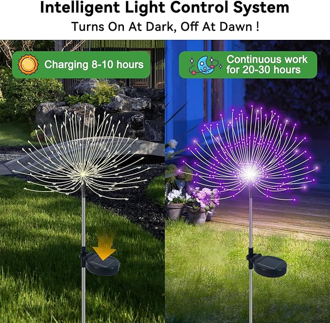 Solar Garden Lights Outdoor Waterproof, 2 Pack 120 LED Solar Firework Lights Decorative Garden Décor Outside for Flowerbed Pathway Party Christmas Decoration, Purple Slyuexu