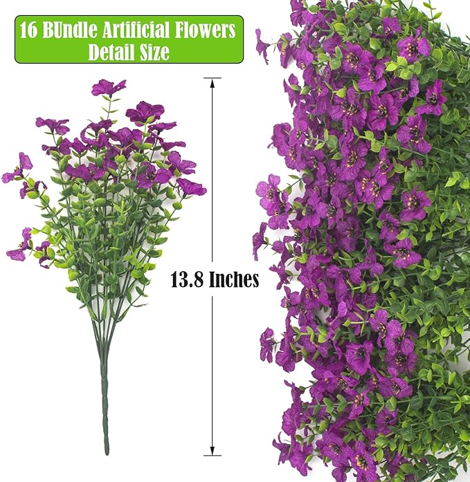 Artificial Fake Flowers for Outdoor Spring Decoration, 16 Bundles Faux Silk Colorful UV Resistant Realistic for Outside Porch Patio Home Yard Garden Planters Pots Window Box (Light Purple) Grunyia