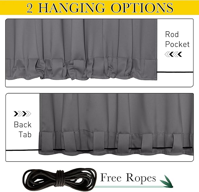 NICETOWN 2 Panels Weighted Blackout Curtains for Patio Waterproof, Grommet & Back Tab on Top & Bottom Windproof Blackout Outdoor Curtains for Porch with Bouns Rope for Fixed, Grey, W52 x L84 NICETOWN