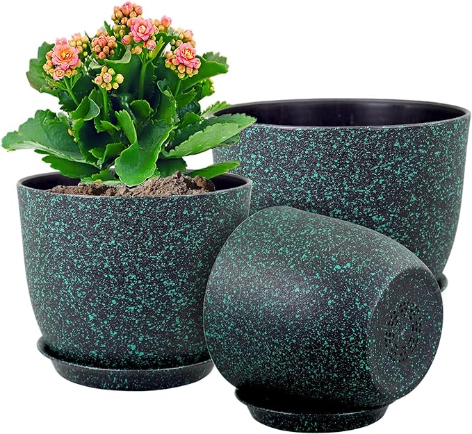 Large Flower Pots 12/10/9 inch, Set of 3 Decorative Plastic Planters with Drainage Holes and Saucers for Garden House Plants, Plant Pots for Indoor Outdoor Plants, Black with Green Speckles WSMKSZ