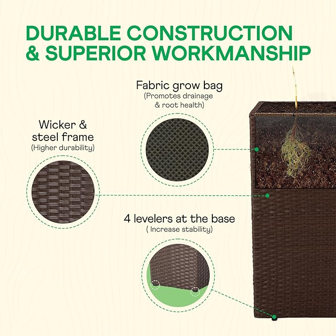 IDZO All Weather Wicker Planter Raised Garden Bed, 24 in Tall Round Rattan Flower Pots, Durable Self-Watering Indoor Outdoor Wicker Planters for Porch Patio Balcony Idzo