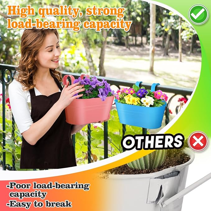 MADHOLLY Railing Planter with Drainage Holes - 6Pcs Sturdy Bucket Pots for Railing Fence, Countryside Style Metal Flower Pots for Herbs Balcony Garden Yard Decor, Colorful MADHOLLY