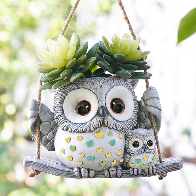 Swing Owl Hanging Planters for Indoor Plants, Cute Small Succulent Pots with Drainage Hole, Unique Resin Plant Hangers Outdoor, Hanging Plant Holder for String Of Pearls, Gift Ideas for Mother Saysmile