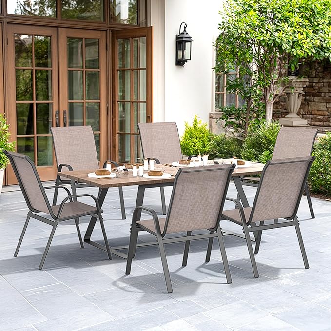 Patio Chairs Set of 6, Easily Set Up Stackable Outdoor Dining Chairs with High Back and Wide Seat, All Weather Breathable Outdoor Chairs Set of 6 with Metal Frame for Backyard Deck Pool, Brown Dovov