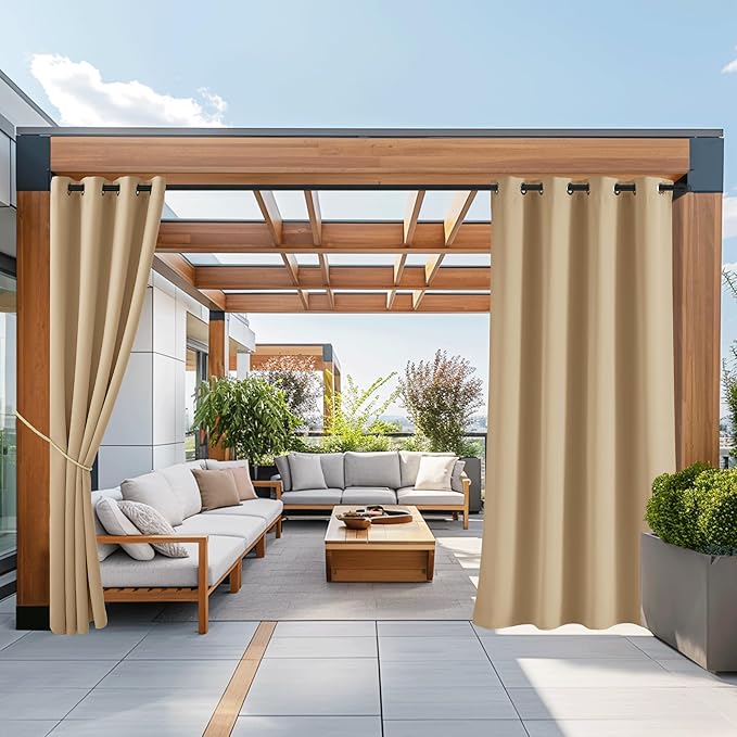 NICETOWN Outdoor Curtains for Patio Waterproof 84 inches Long 2 Panels Set, Weatherproof Thermal Insulated Privacy Protection Curtains for Porch/Gazebo/Hallway, Biscotti Beige, W52 x L84 Inch NICETOWN