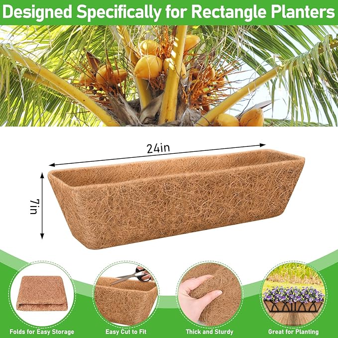 Riare 2 Pack 24 Inch Rectangle Coconut Liners for Planters, Natural Coconut Fiber Planter Liners, Window Box Liner Trough Coco Liner for Outdoor Flower, Garden Wall, Deck & Fence Planter Boxes Riare