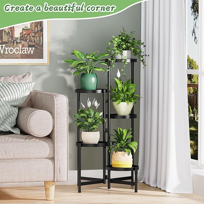 MOKANI Metal Plant Stand Indoor Outdoor for Multiple Plants, 5 Tiered Folding Corner Shelf Tall Flower Pot Holder Display Rack for Patio Living Room Balcony Garden, Black Mokani