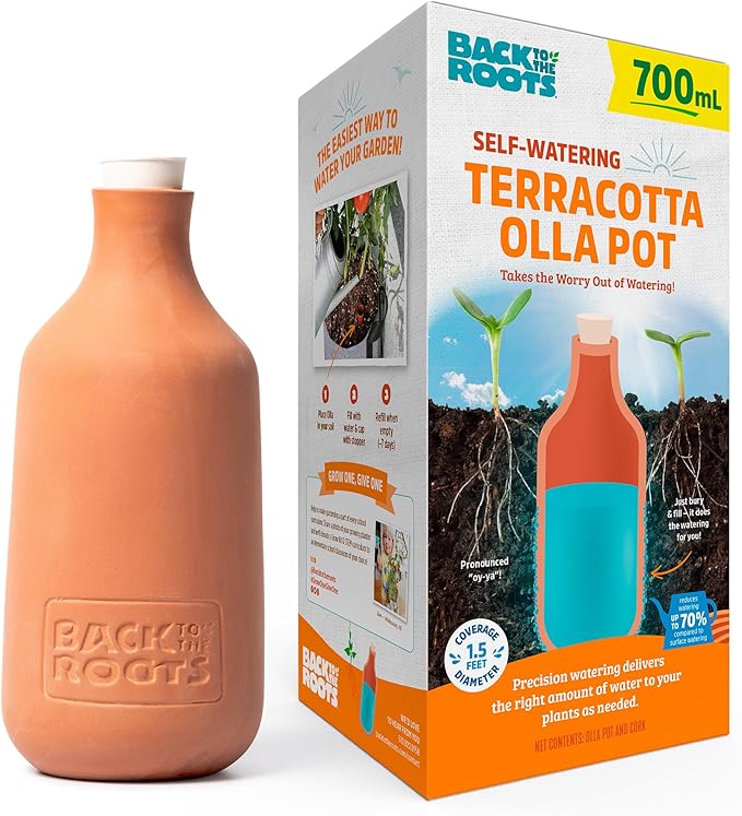 Back to the Roots Self-Watering Terracotta Olla Pot, 700mL Provides 1 Week of Precision Watering BacktotheRoots