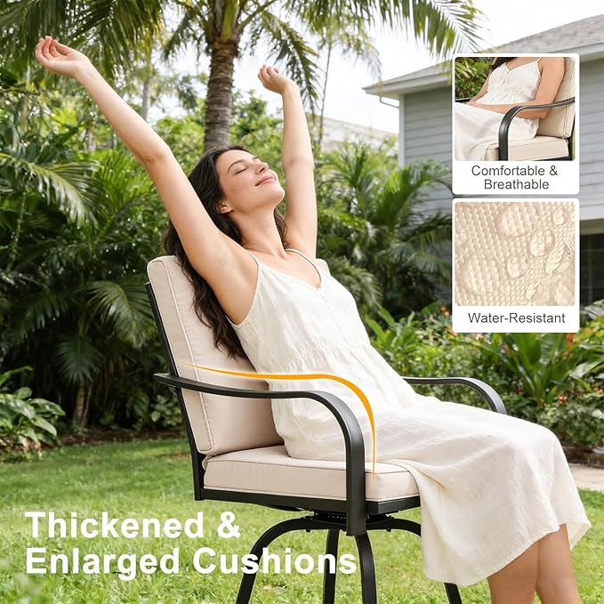 Patio Swivel Bar Stools Set of 6, Outdoor Bar Height Swivel Chairs with Cushions for Garden Balcony Backyard, Beige STRPRETTYBASIC