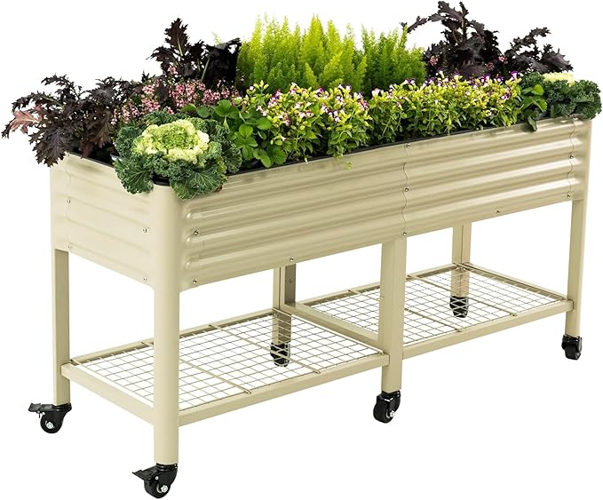 Rolling Elevated Raised Garden Bed-V Series, 2' x 6' Garden Beds with Legs & Storage Rack for Patio & Porch, 1000 Lbs Weight Capacity, Outdoor Planter Box for Vegetables Flower Herbs, Pearl White VegoGarden