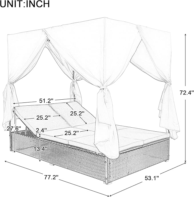 Patio Chaise Lounge, PE Rattan Outdoor Patio Wicker Sunbed Daybed with Adjustable Seats, Four-sided Canopy, Overhead Curtain and Orange Cushions for Backyard, Garden, Poolside (for 2-6 people) HarperBrightDesigns