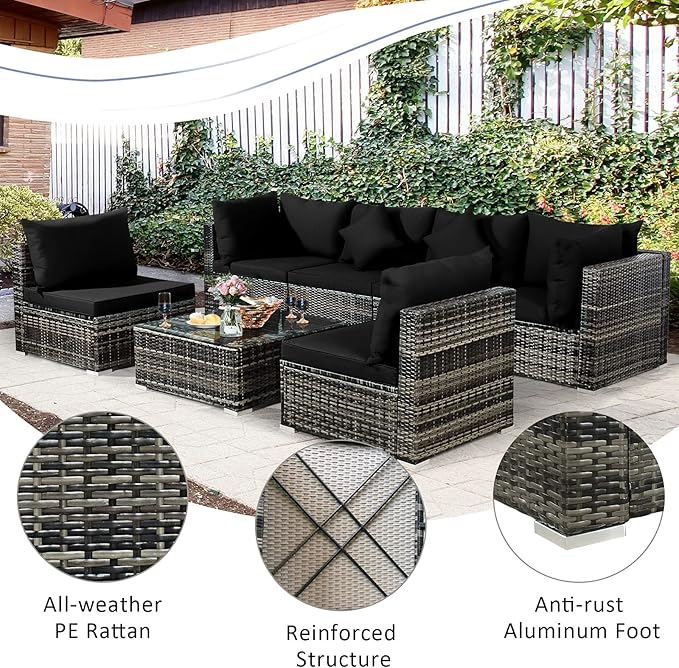 Tangkula 7 Pieces Patio Rattan Furniture Set, Patiojoy Outdoor Conversation Set with Cushions and Tempered Glass Coffee Table, All-Weather Sectional Sofa Set for Garden, Lawn, Backyard (Black) TANGKULA