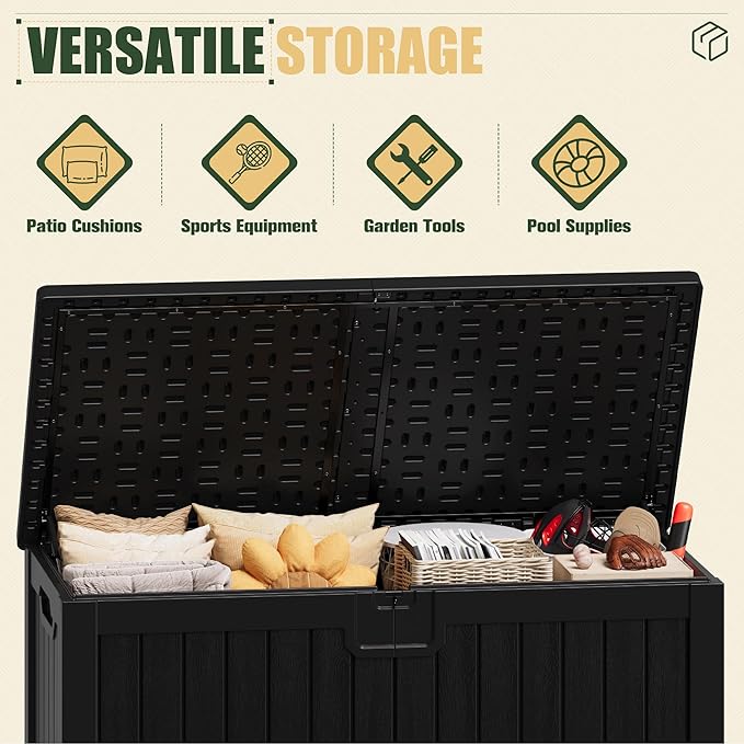 JUMMICO 250 Gallon Outdoor Resin Deck Box with Divider, Waterproof Storage Box with Lockable Lid&Side Handles for Garden Tools, Pools Supplies (Black) JUMMICO