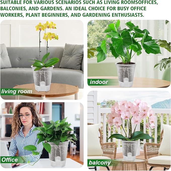 Cdd's Path Large Naked Root Planter Self Watering Pots Set with Holes for Indoor/Outdoor Plants, Planter Pot with Watering Hole/Reservior and Air Pipes (Clear, 8 inch-5 Pack) Rootora