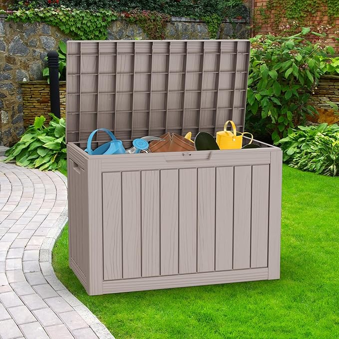 ROJIK Outdoor Storage Housing Deck Box - Waterproof Patio Furniture, Garden Tools, Cushions, Pool Accessories Storage Bench with Lockable Lid and Side Handles (Grey, 45 Gal) ROJIK