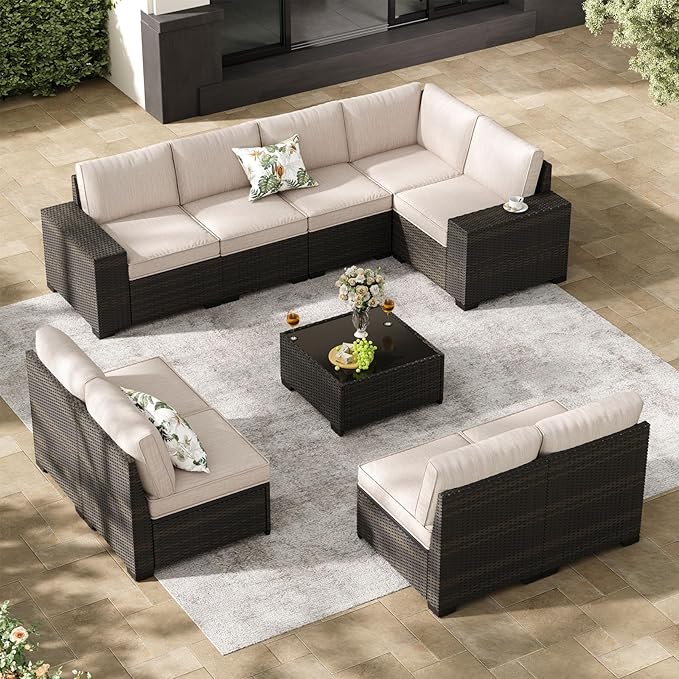 Jing's Villa 10-Piece Patio Furniture Set, All-Weather Outdoor Wicker Sectional Sofa with Cushions, Glass Table & Left and Right Armrest, Rattan Conversation Seating for Porch, Garden, Backyard,Beige JingsVillaOutdoorFurniture