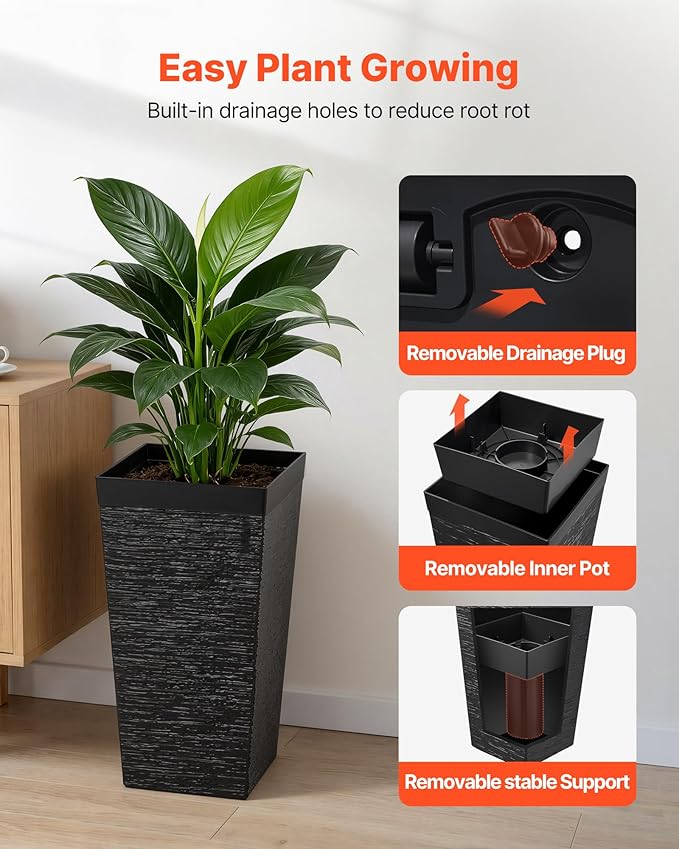 VEVOR Set of 2 Tall Planters for Outdoor Plants 23 inch, Black Tall Planter for Indoor Plants, Modern Planters for Front Porch Patio Balcony, Plant Container Flower Pots with Built-in Drainage VEVOR