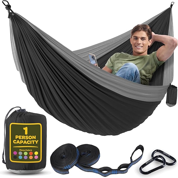 Durable Hammock 400 lb Capacity, Nylon Camping Hammock Chair - Double or Single Sizes w/Tree Straps and Attached Carry Bag - for Travel/Backpacking/Beach/Backyard (Medium, Black & Light Grey) Sewanta