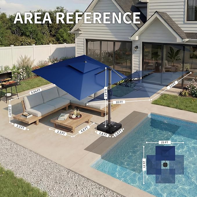 10 X 13 FT Cantilever Patio Umbrella with LED Lights Outdoor Heavy Duty Double Top Windproof Rectangle Offset Umbrellas with 360-degree Rotation for Pool Deck Backyard, Navy Ombrellon