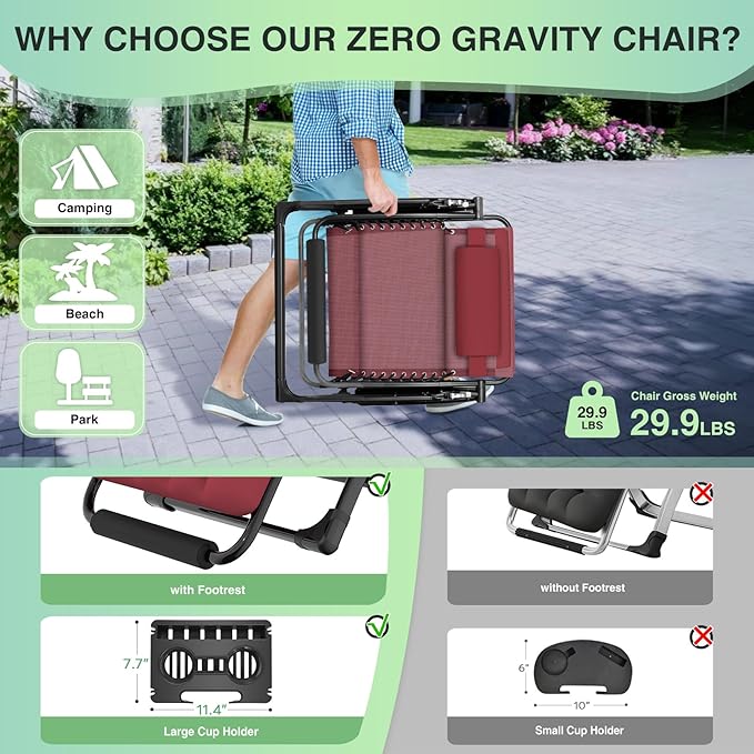Suteck Oversized Zero Gravity Chair,33In XXL Outdoor Recliner Chair w/Removable Cushion&Headrest, Camping Lounge Chair w/Upgraded Lock&Footrest, Reclining Patio Chairs for Indoor Outdoor,500LBS Suteck