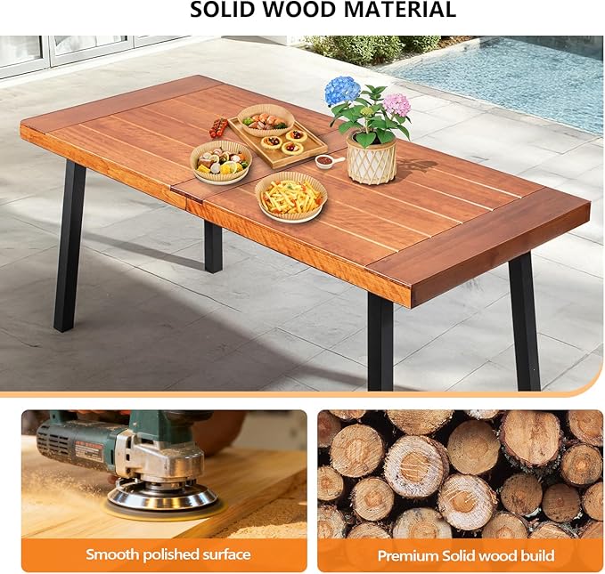 VINGLI 69 Inch Wood Dining Table with Iron Legs, 6-Person Indoor Outdoor Patio Garden Table, All-Weather Rustic Farmhouse Kitchen Table VINGLI
