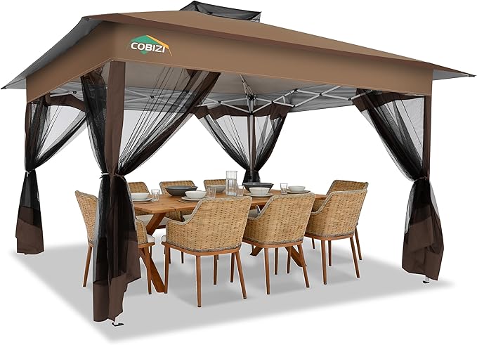 COBIZI 13x13 FT Pop up Gazebo on Clearance - Outdoor pop up Canopy Tent,carpas para Patio, Shelter - Screen Tents with Portable Carry Bag, Patio Gazebos for Camping,Garden,Deck,Backyard,Brown COBIZI
