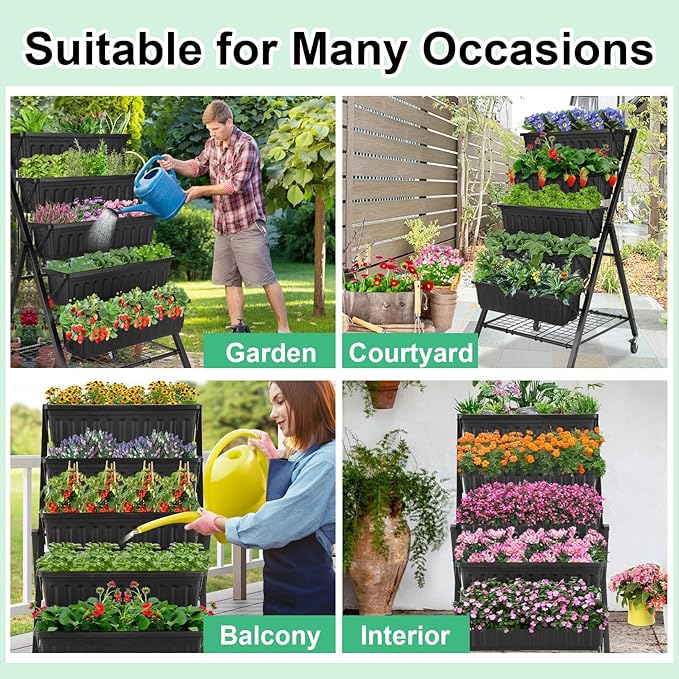 Homdox 5-Tier Vertical Garden Bed with Lockable Caster Wheels and Storage Rack - 4FT Vertical Raised Bed with 5 Garden Planter Boxes- Perfect to Grow Vegetables Herbs Flowers Indoor(Black) HOMDOX