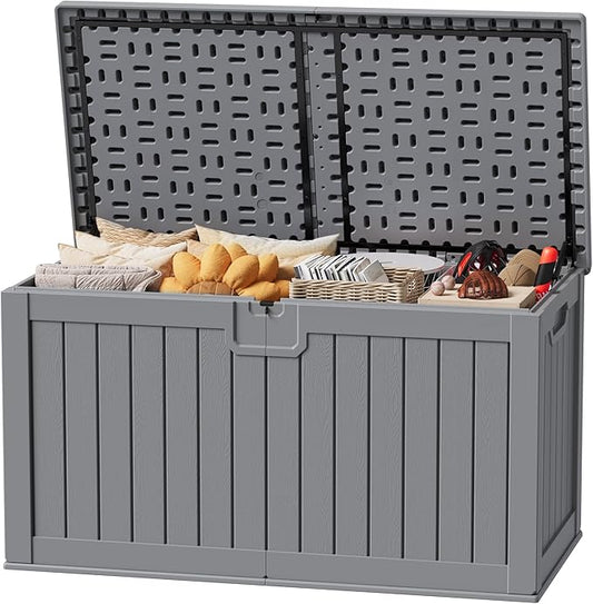 JUMMICO 250 Gallon Outdoor Resin Deck Box with Divider, Waterproof Storage Box with Lockable Lid&Side Handles for Garden Tools, Pools Supplies (Gray) JUMMICO