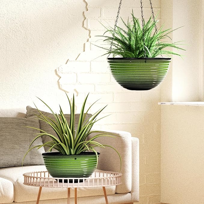 10 Inch Hanging Planter, 2 Pack Hanging Planters for Indoor Outdoor Plants Self Watering Hanging Pots with Drainage Holes for Garden Home (Green) Vanslogreen