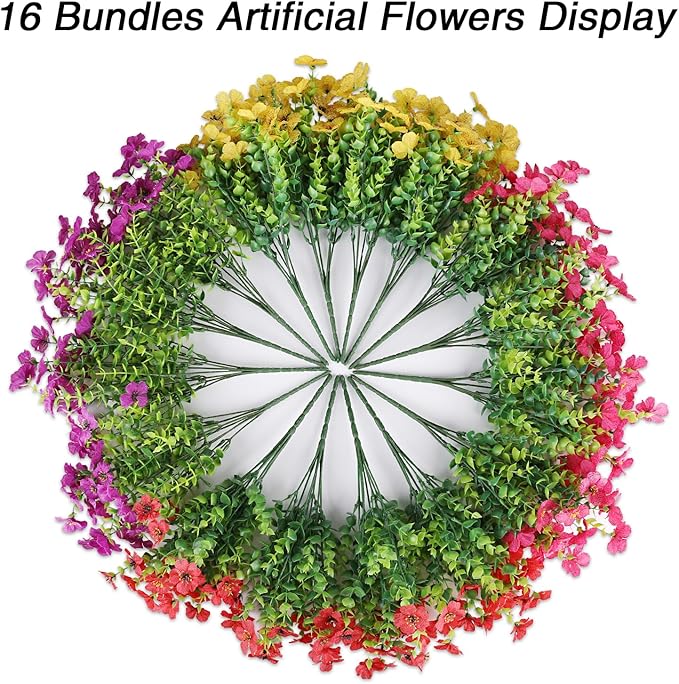 AGIRL 16 Bundles Artificial Flowers for Outdoor,No Fade Fake Plastic Flowers Faux Plants for Hanging Planters Decoration Indoor Outside Garden Porch Window Box Home Wedding AGIRL