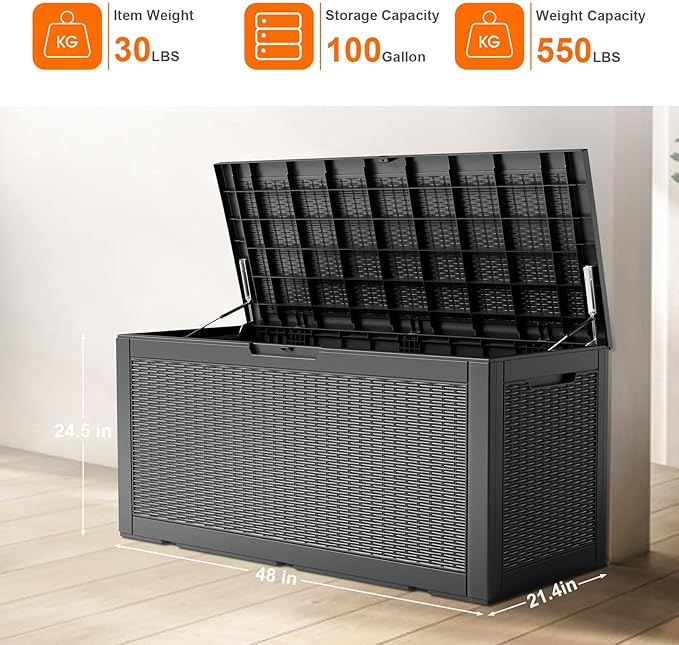 100 Gallon Outdoor Deck Box, Lockable Waterproof Outdoor Storage Boxes For Garden Tools,Indoor Cushions,Accessories Outside Storage Resin Weatherproof Container(Black) MAIUSCOLI