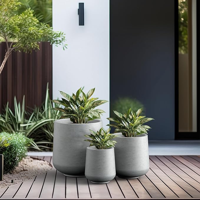 Kante 15.3"+11.6"+8.2" Dia Round Concrete Planter, Large Outdoor Indoor Planter Pots Containers with Drainage Holes and Rubber Plug for Home Garden Patio, Gray Concrete Kante