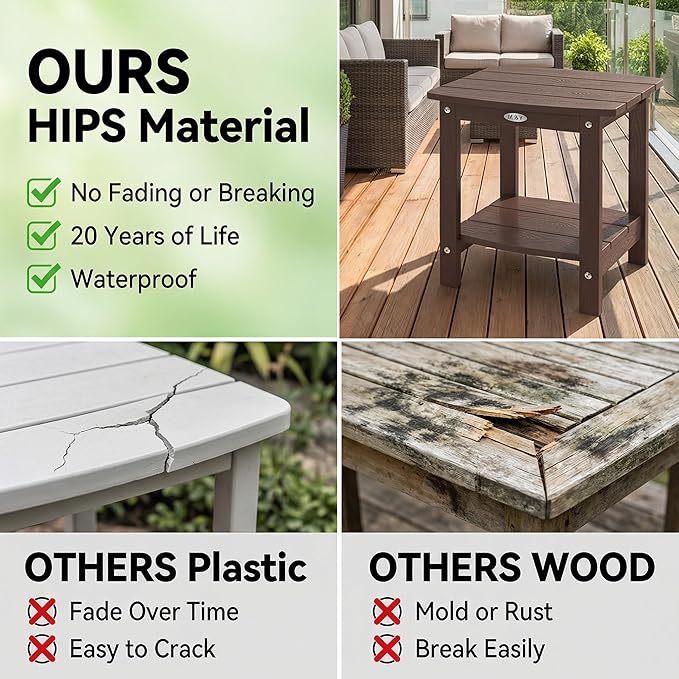 Y&M Outdoor Side Table, HIPS Adirondack Small Double Layer Table, Waterproof Square Outside Table, Balcony End Tables for Patio, Pool, Porch, Deck, Indoor or Outdoor Use, Coffee YM