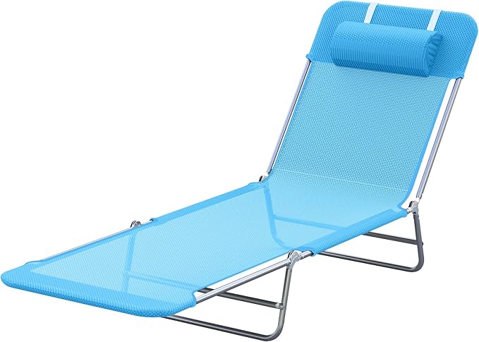 Outsunny Folding Chaise Lounge Pool Chairs, Outdoor Sun Tanning Chairs with Pillow, Reclining Back, Steel Frame & Breathable Mesh for Beach, Yard, Patio, Blue Outsunny