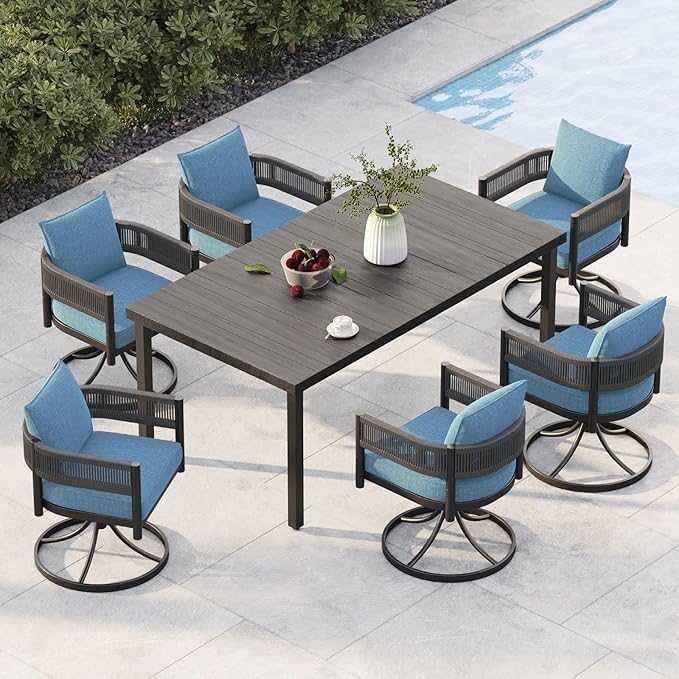 Grand patio Outdoor Dining Set for 6, 7 PCS Patio Table and Chairs Set, Metal Woven Wicker Swivel Patio Chairs with Thickened Cushions & 1 Rectangular Woodgrain Dining Table with Umbrella Hole (Brown) GrandPatio