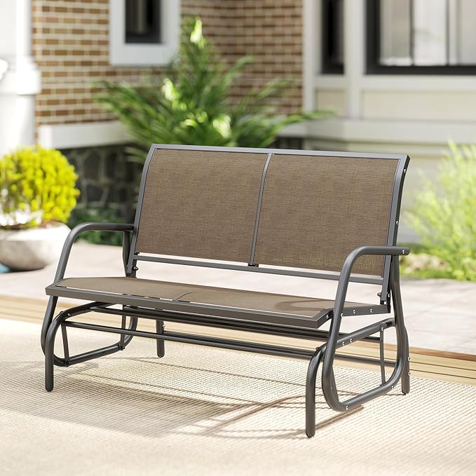 Outsunny 2-Person Outdoor Glider Bench, Patio Double Swing Rocking Chair Loveseat w/Powder Coated Steel Frame for Backyard Garden Porch, Light Mixed Brown Outsunny
