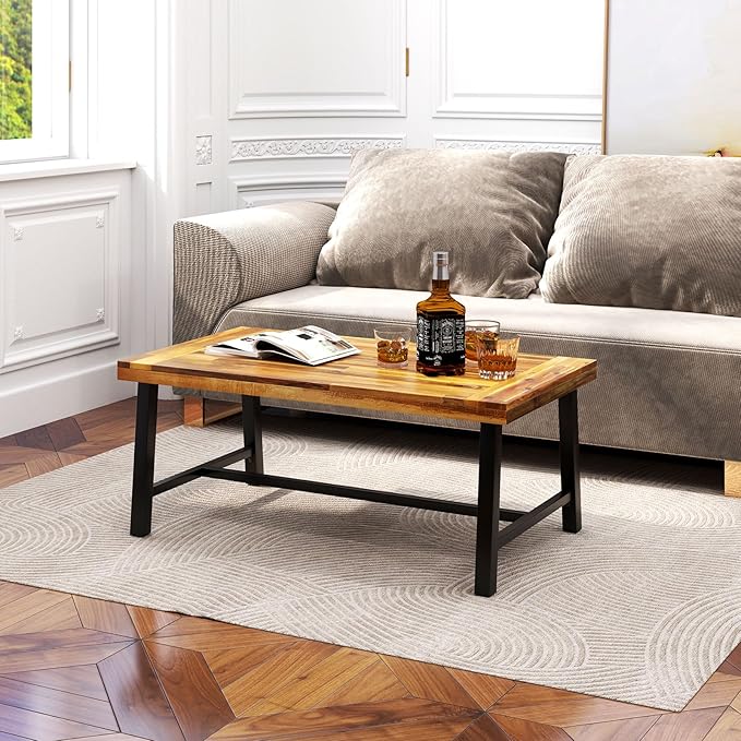 Tangkula Outdoor Acacia Wood Coffee Table, Rectangle Rustic Accent Table with Thickened Top & Heavy-Duty Metal Legs, for Patio, Deck, Garden, Natural TANGKULA