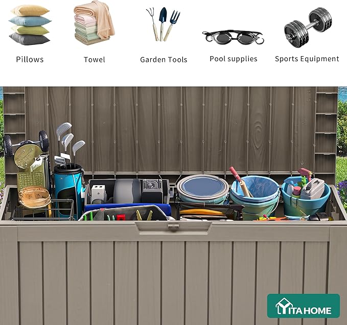 YITAHOME 72 Gallon Outdoor Resin Deck Box with Wheels, Pool Storage Box for Outdoor Cushions, Sports Equipment, Garden Tools, Light Brown YITAHOME