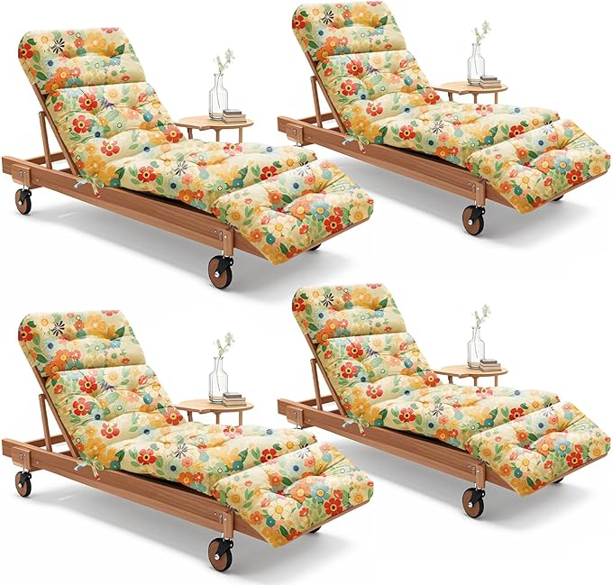 4 Pack Outdoor Chaise Lounge Chair Cushion 75.1 x 22.8 x 4.7 Inches 100% Waterproof Replacement Cotton Patio Pool Lounge Chair Cushion for Outdoor Furniture with Ties,Daisy Uthem