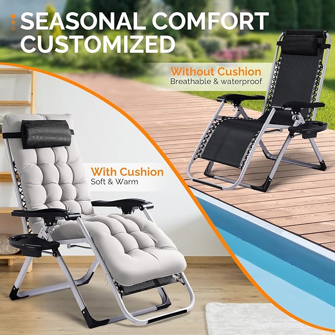 VINGLI Padded Zero Gravity Chair, Lounge Chair with Removable Cushion & Tray， Folding Reclining Patio Chairs， Recliner Chair for Lawn，Indoor and Outdoor VINGLI