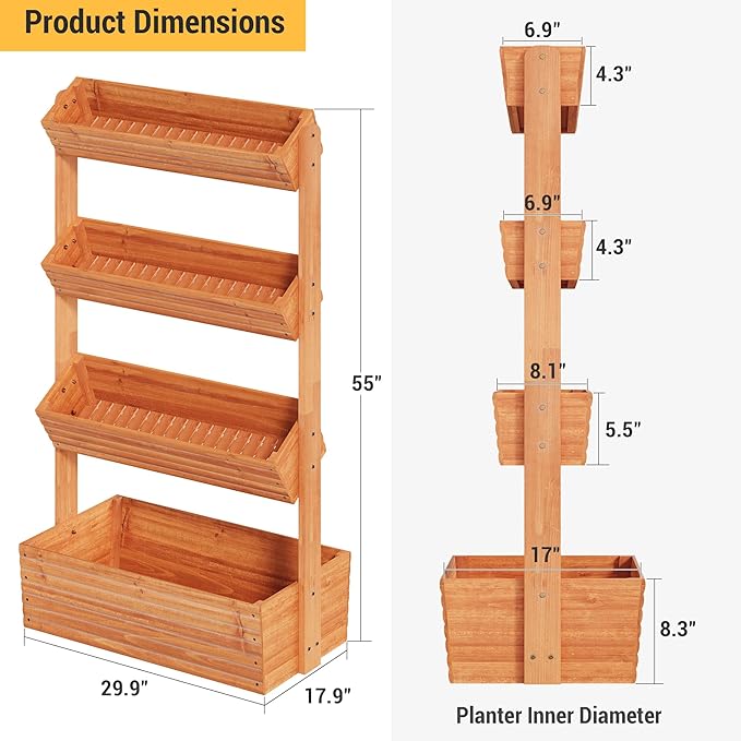 Vertical Wooden Raised Garden Bed Planters Wood Planter Kit Plant Stand Flower Rack Planter Box Gardening for Plants Herbs Flowers Vegetables Outdoor Indoor Freestanding (Orange 4-Tier) RHINEINMIST
