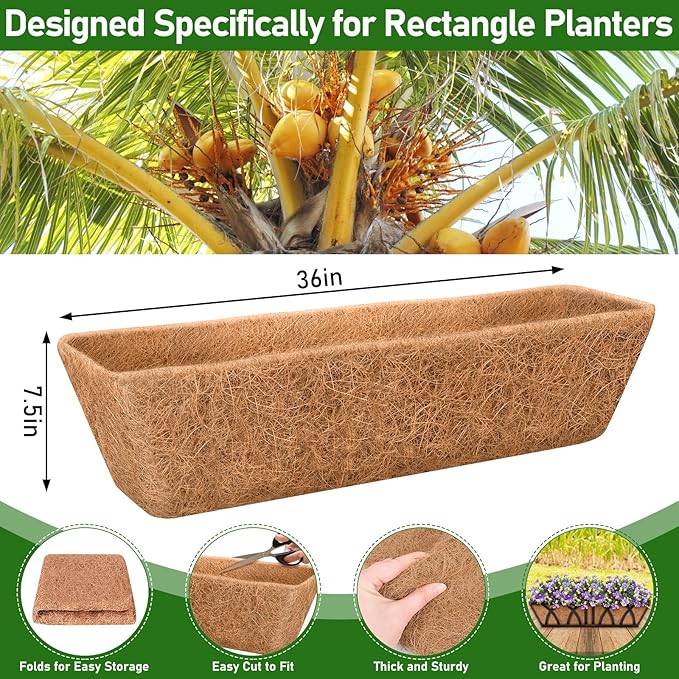 Riare 2 Pack 36 Inch Rectangle Coconut Liners for Planters, Natural Coconut Fiber Planter Liners, Window Box Liner Trough Coco Liner for Outdoor Flower, Garden Wall, Deck & Fence Planter Boxes Riare