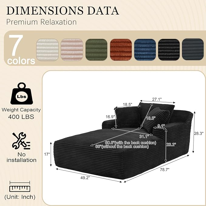 80 Inch Chaise Lounge Chair Indoor, Oversized Corduroy Upholstered Boneless Sofa Bed, Deep Seat Sleeper Couch Reading Chairs, Cloud Sofas Couches for Living Room, No Assembly Required (Black) HANXIN