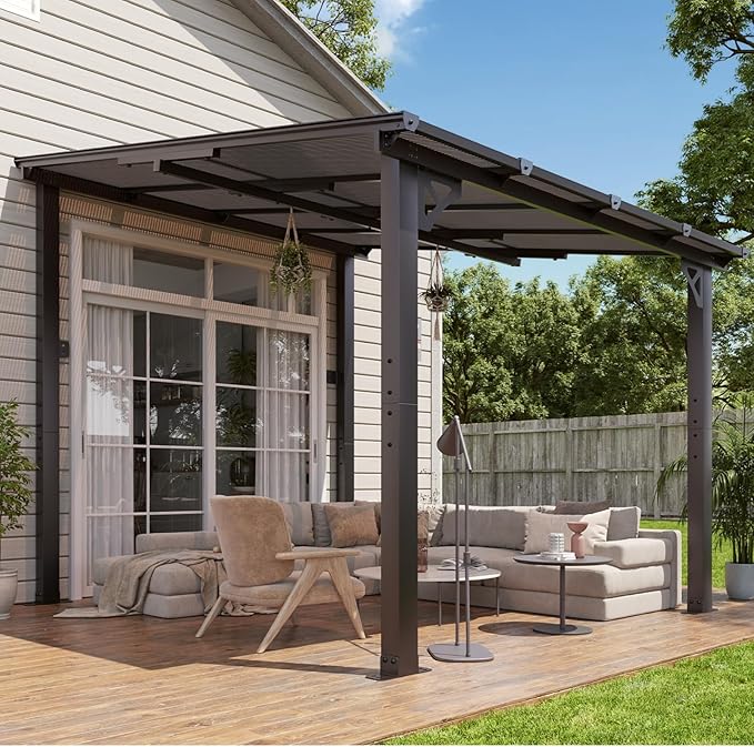 Aoxun 8'x 10' Premium Gazebo with Aluminum Top Frame & Polycarbonate Panel, Wall Mounted Gazebos Pergola, Outdoor Patio Lean to Gazebo, Awnings with Sloped Roof, for Backyard, Porch, Deck Aoxun