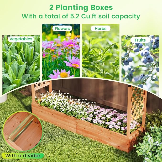Giantex Set of 2 Raised Garden Bed with Trellis & Hanging Roof, Wood Planter Box with Bottom and Drainage Holes, Freestanding Garden Planter for Flower Vegetable Fruit Herb Climbing Vines, 77"x17"x72" Giantex