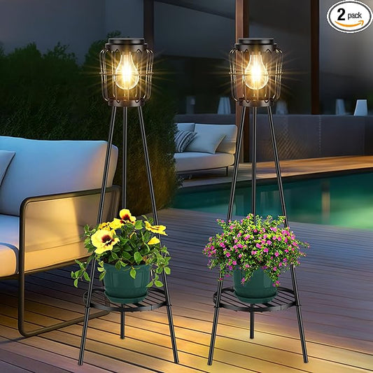 2 Pack Solar Lights with Plant Stand, Outdoor Floor Lamp, Waterproof Solar LED Edison Bulb Floor Lamps for Patio Porch Deck Yard Garden Decor VISFLAIR